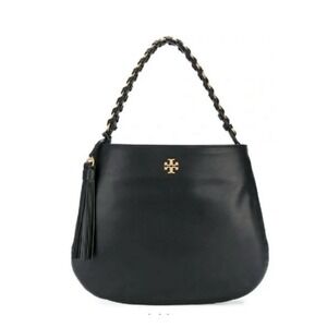 Tory Burch Brooke Minimalist Hobo Bag Black Leather Gold Braided Handle 598$